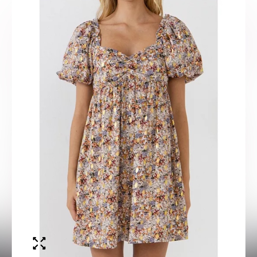 Anthropologie Free the Roses Floral with Gold Print Babydoll. Size Medium. - Picture 2 of 15